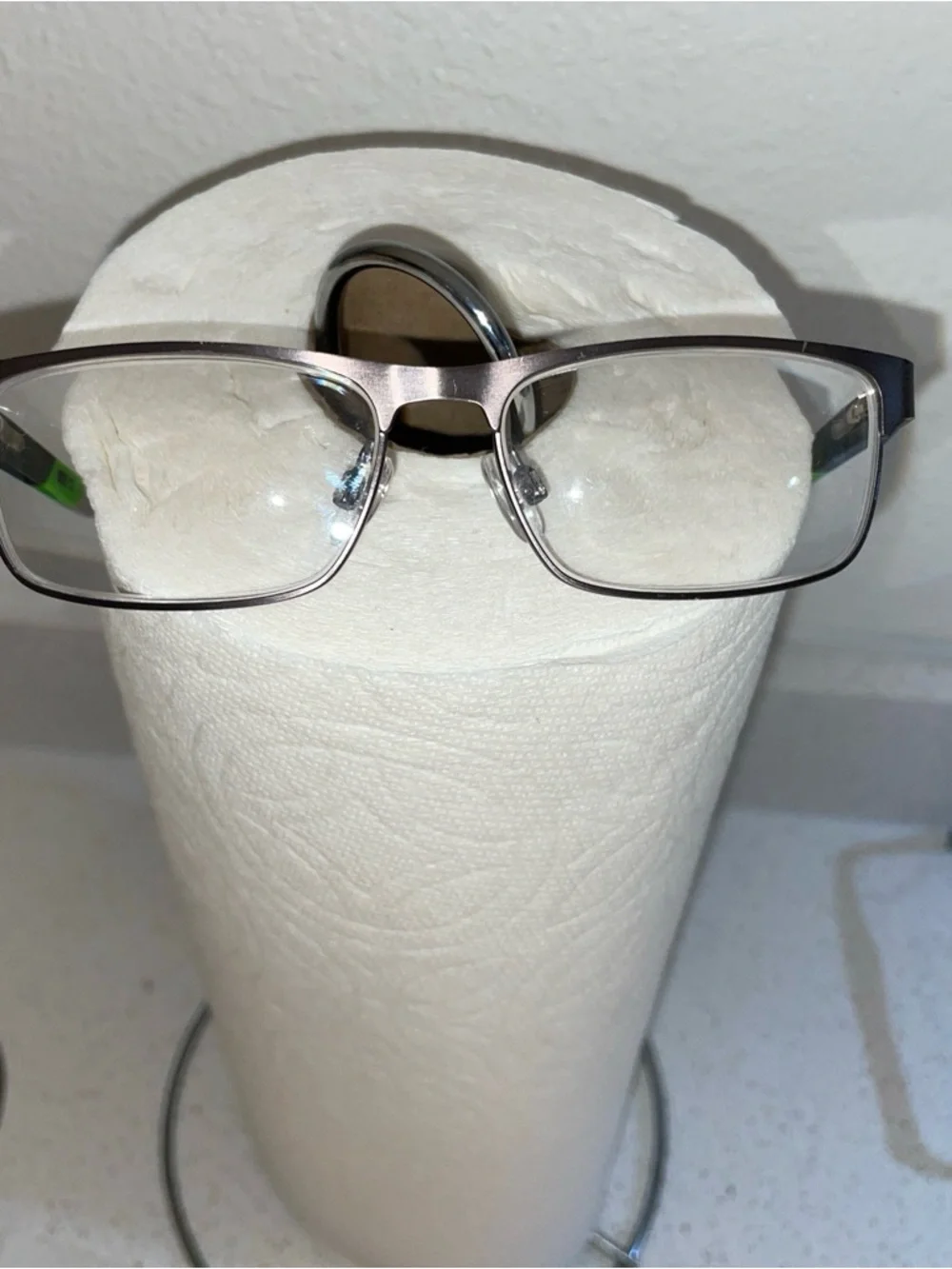 Silver Rectangle Glasses with Green Accent